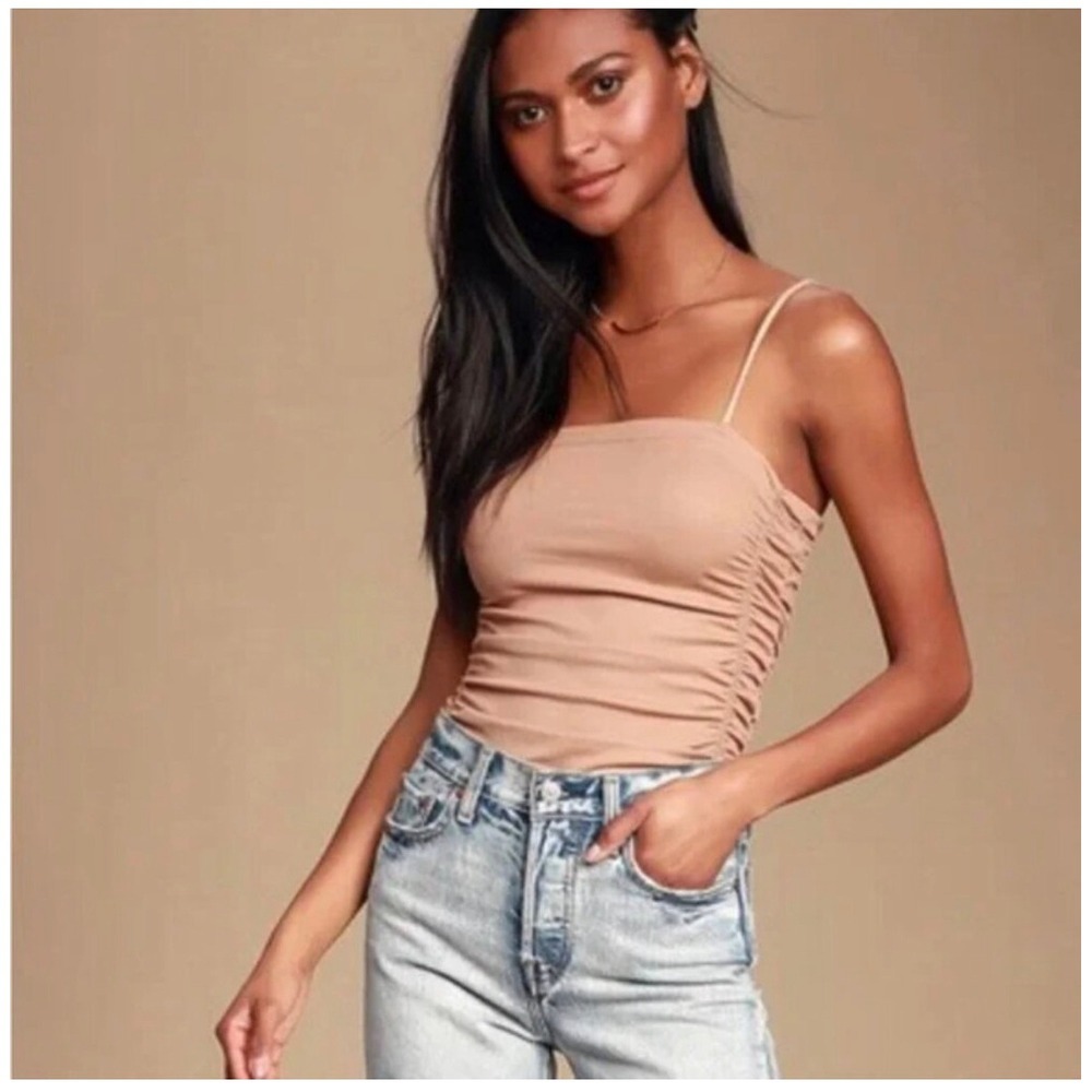 Free People Intimately Bodysuit XS Tan Ruched Ribbed Square Neck Sleeveless Boho
